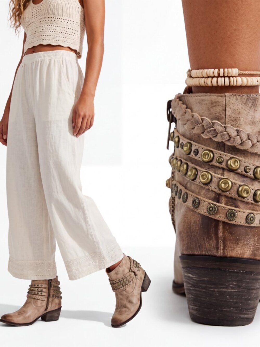 Tan Leather Multi Brass Studded Ankle Straps Boots 8